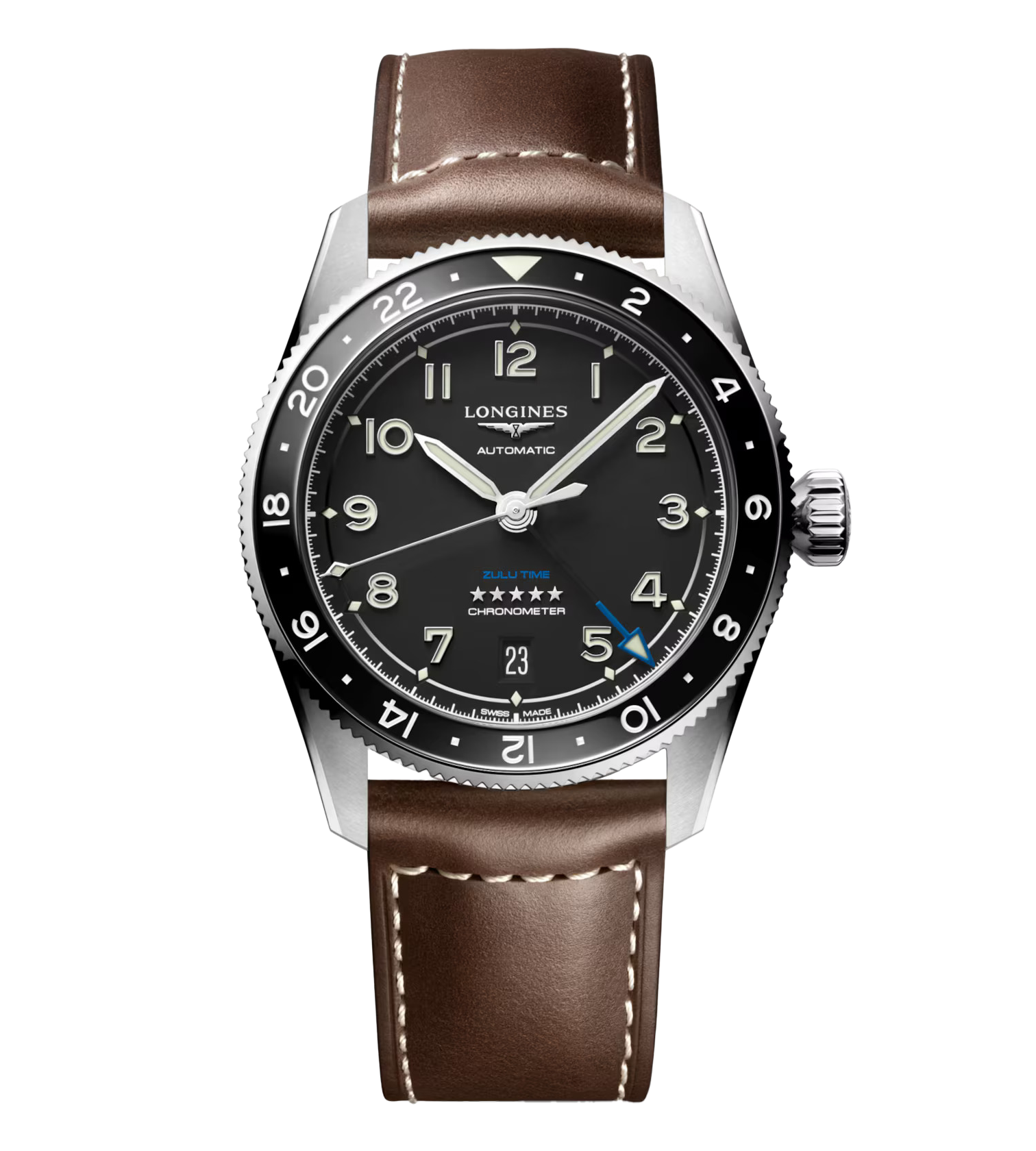 Longines Spirit Zulu Time 39mm Watch with Leather Strap